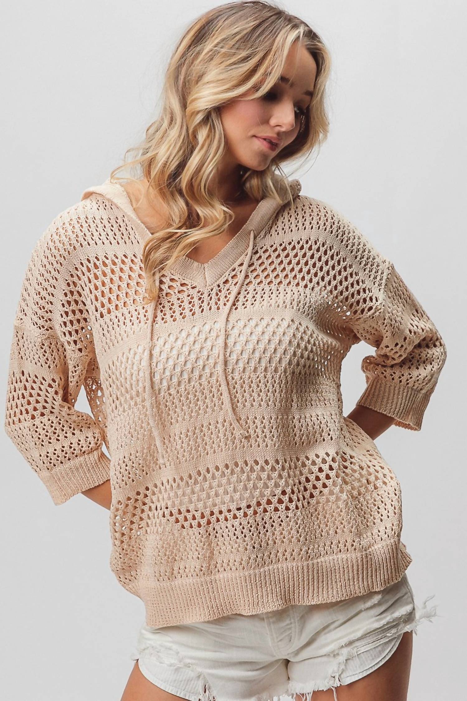 Bibi - Open Knit V-neck Hooded Lightweight Cover Up