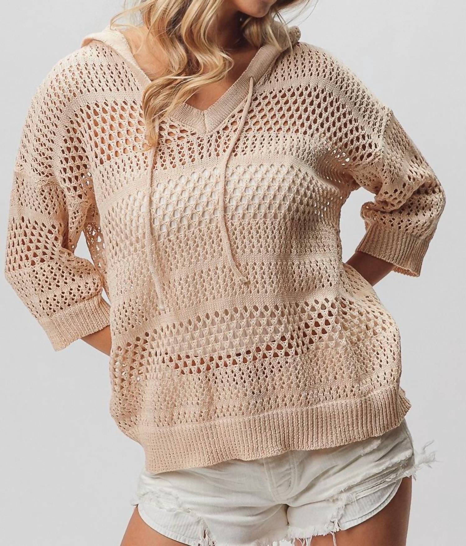 Bibi - Open Knit V-neck Hooded Lightweight Cover Up