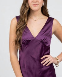 ENDLESS BLU. Sleeveless Satin Mini Dress in plum - women's dress - detail view