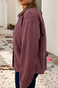 Little Daisy Closet - Corduroy Collar Zip Front Denim Jacket