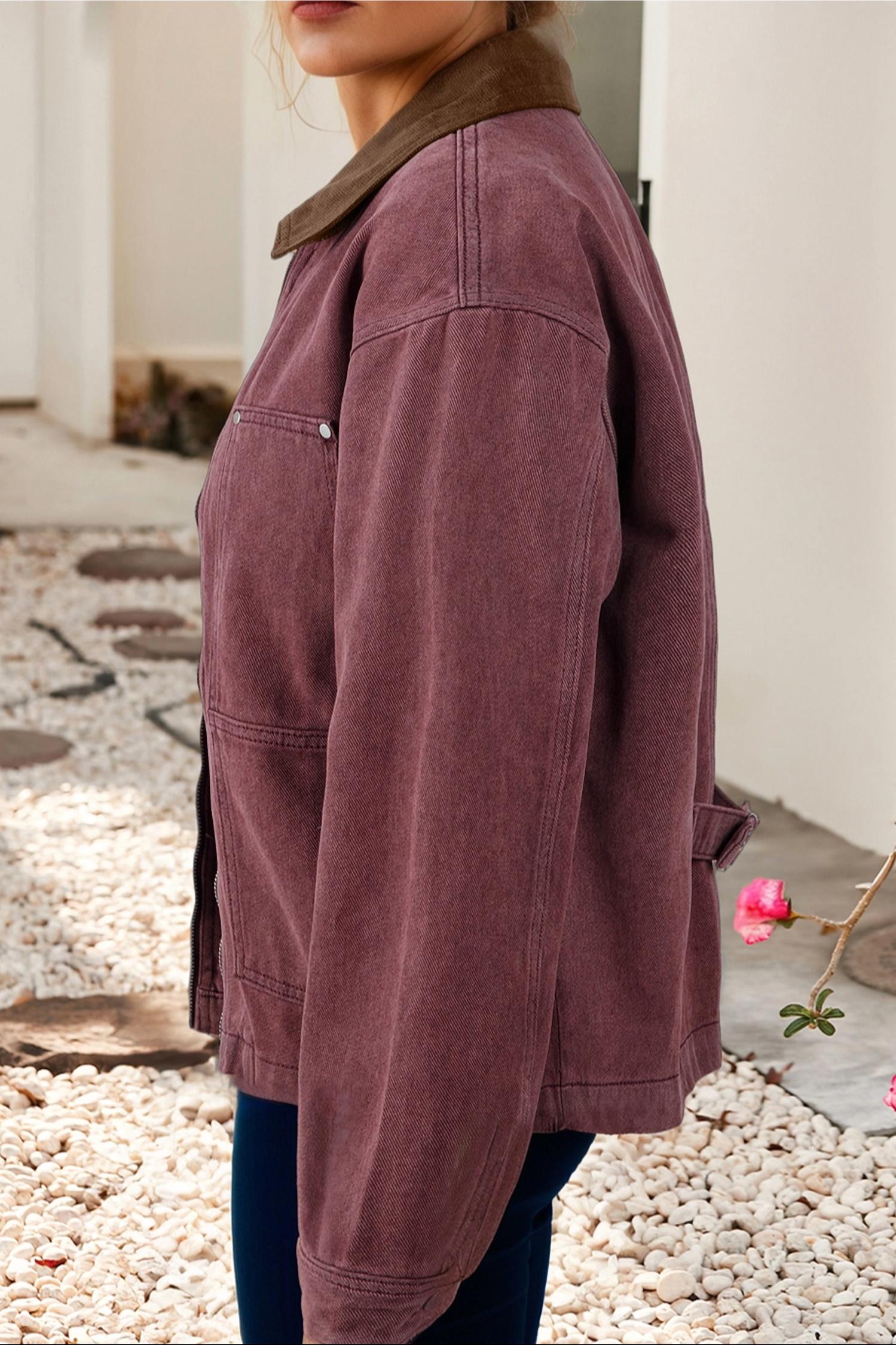 Little Daisy Closet - Corduroy Collar Zip Front Denim Jacket