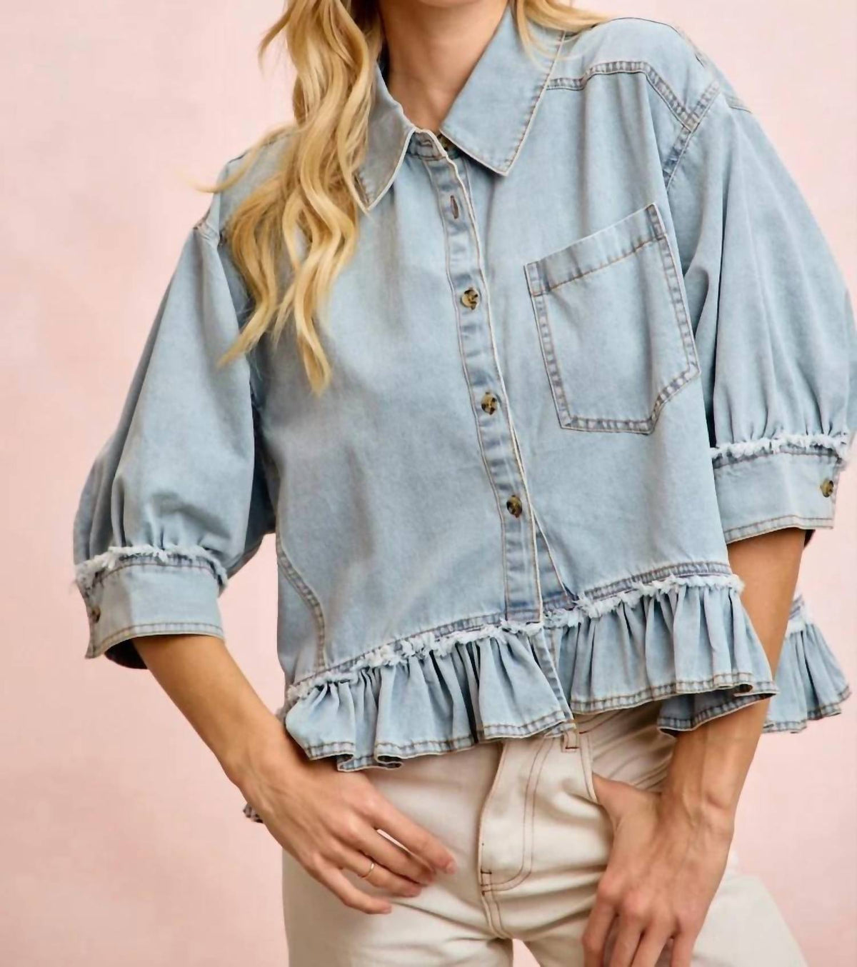 Bibi - Ruffled Hem Button Up Top