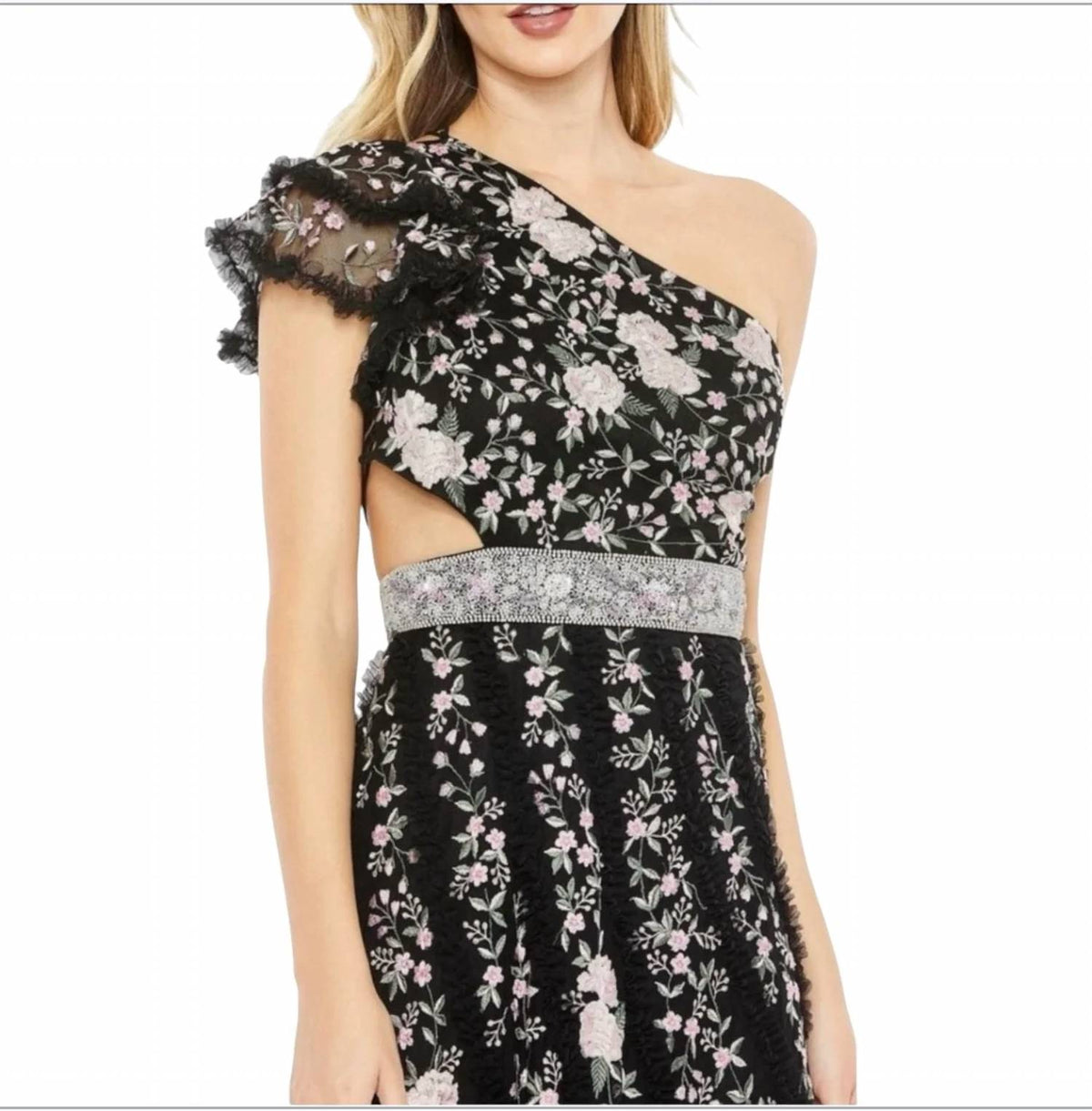 Mac Duggal - Women's Embroidered Ruffled One Shoulder Lace Up Gown