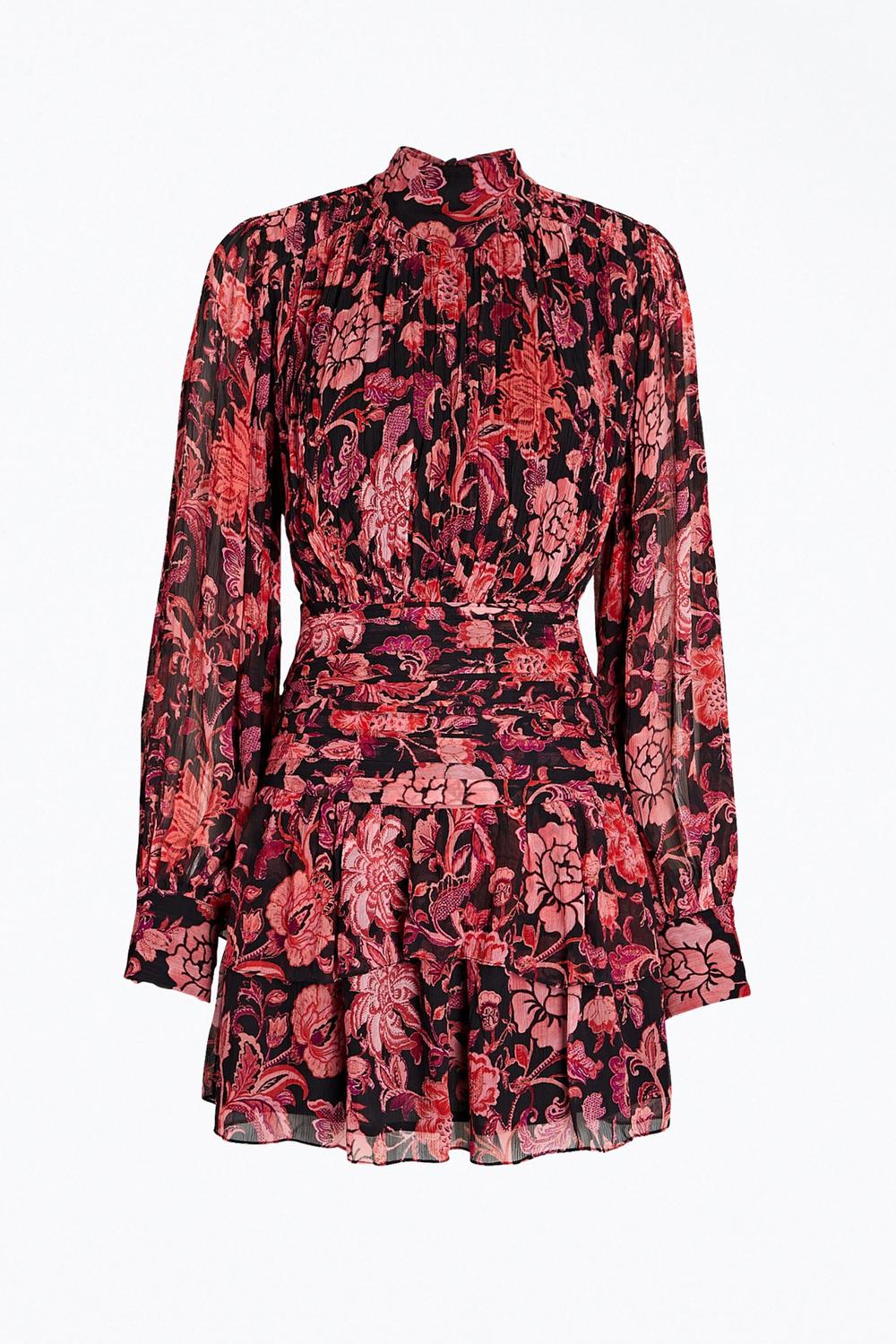 RUCHED FLORAL-PRINT GEORGETTE MINI DRESS