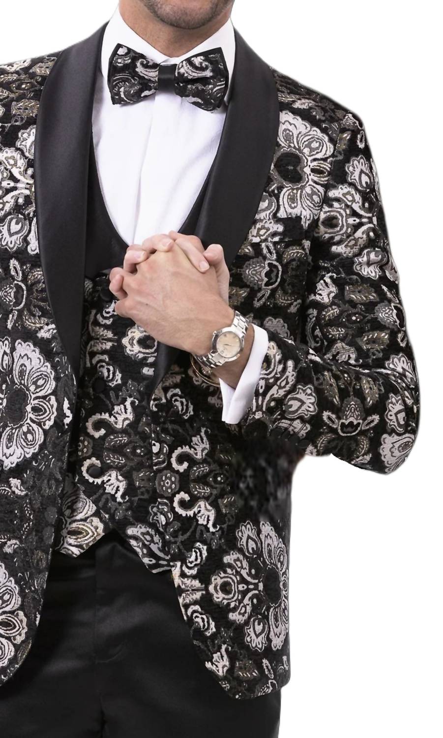Kent & Park Fashion Blazer And Vest With Matching Bow Tie in black - men's jacket - detail view