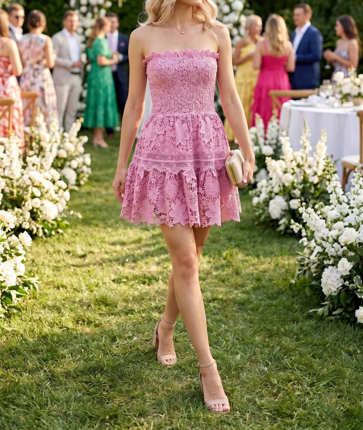 Baby Pink - Strapless Crochet Lace Mini Dress