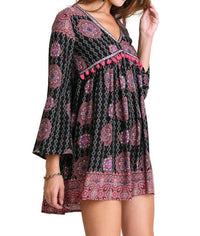 umgee Tassel Trim Peasant Dress in black - women's dress - alternate view
