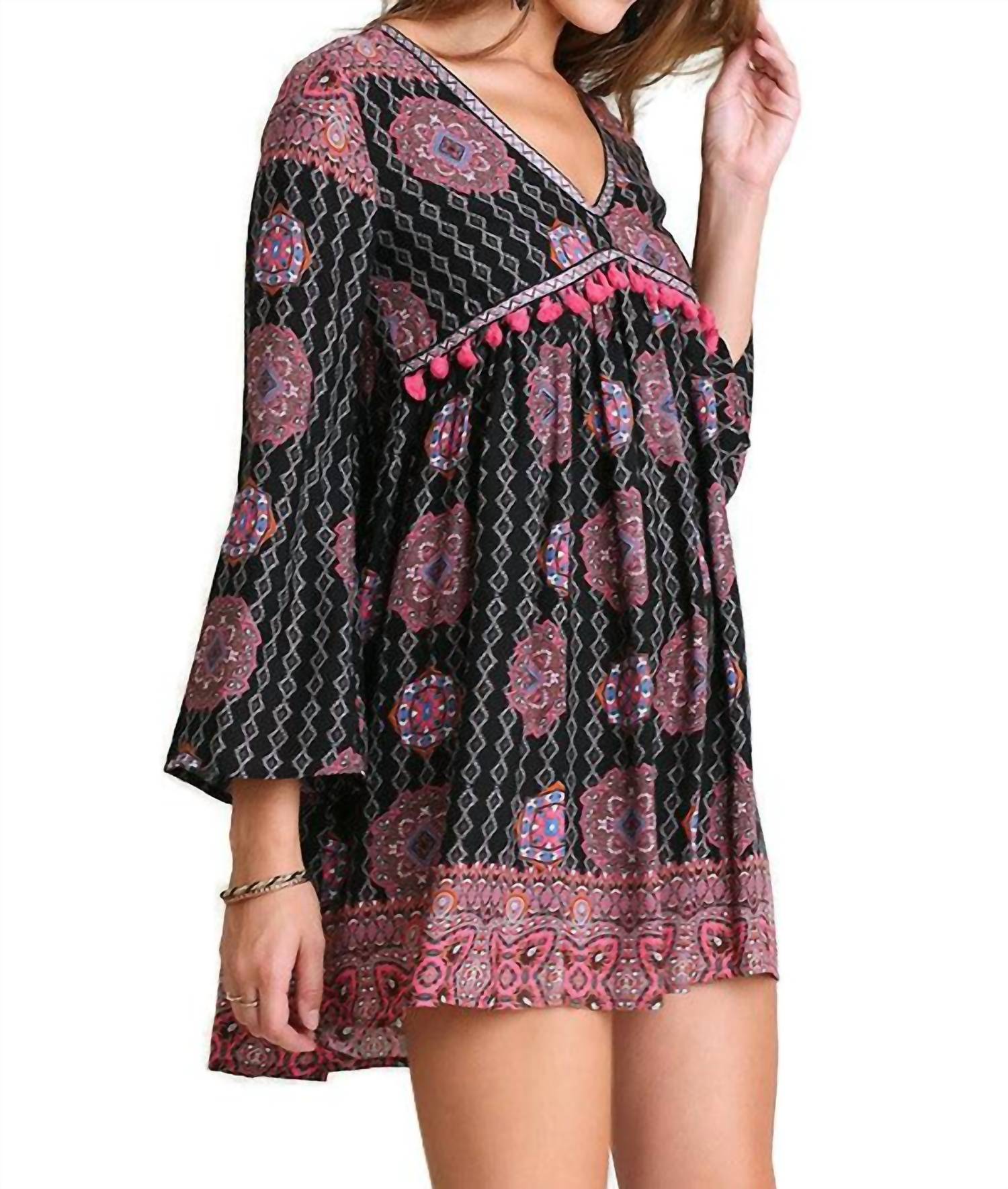umgee Tassel Trim Peasant Dress in black - women's dress - alternate view