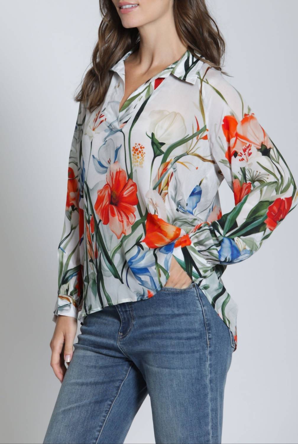 APNY Half-placket Pullover Blouse in whispers in bloom - women's long sleeve top - alternate view