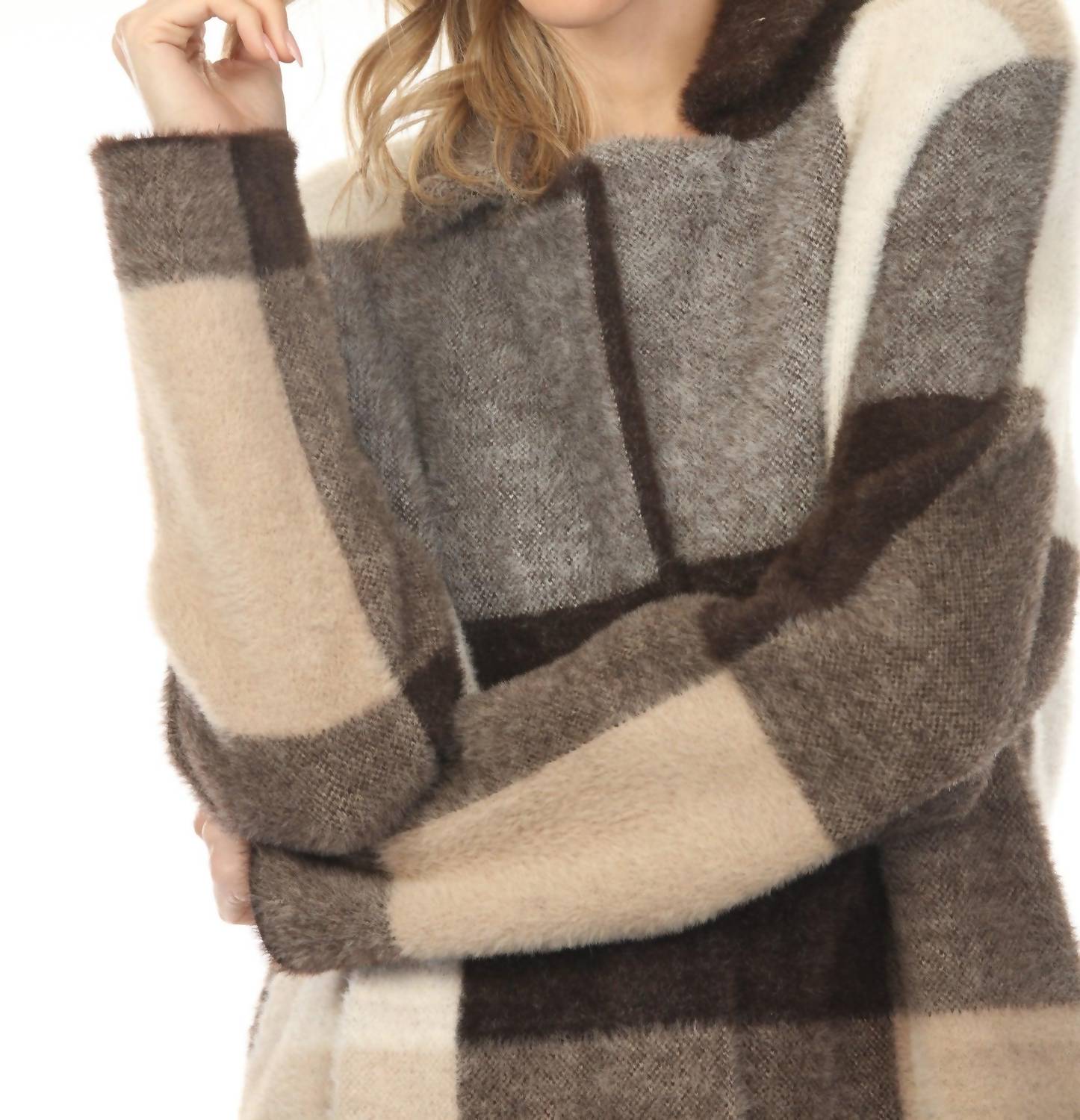 Joseph Ribkoff Checkered Feather Yarn Coat in mocha multi 1 - women's jacket - view 4