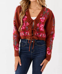 &Merci - Floral Knit Tie-front Cropped Sweater Cardigan