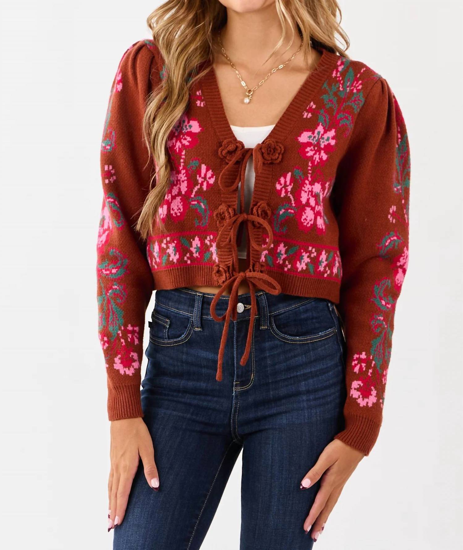 &Merci - Floral Knit Tie-front Cropped Sweater Cardigan