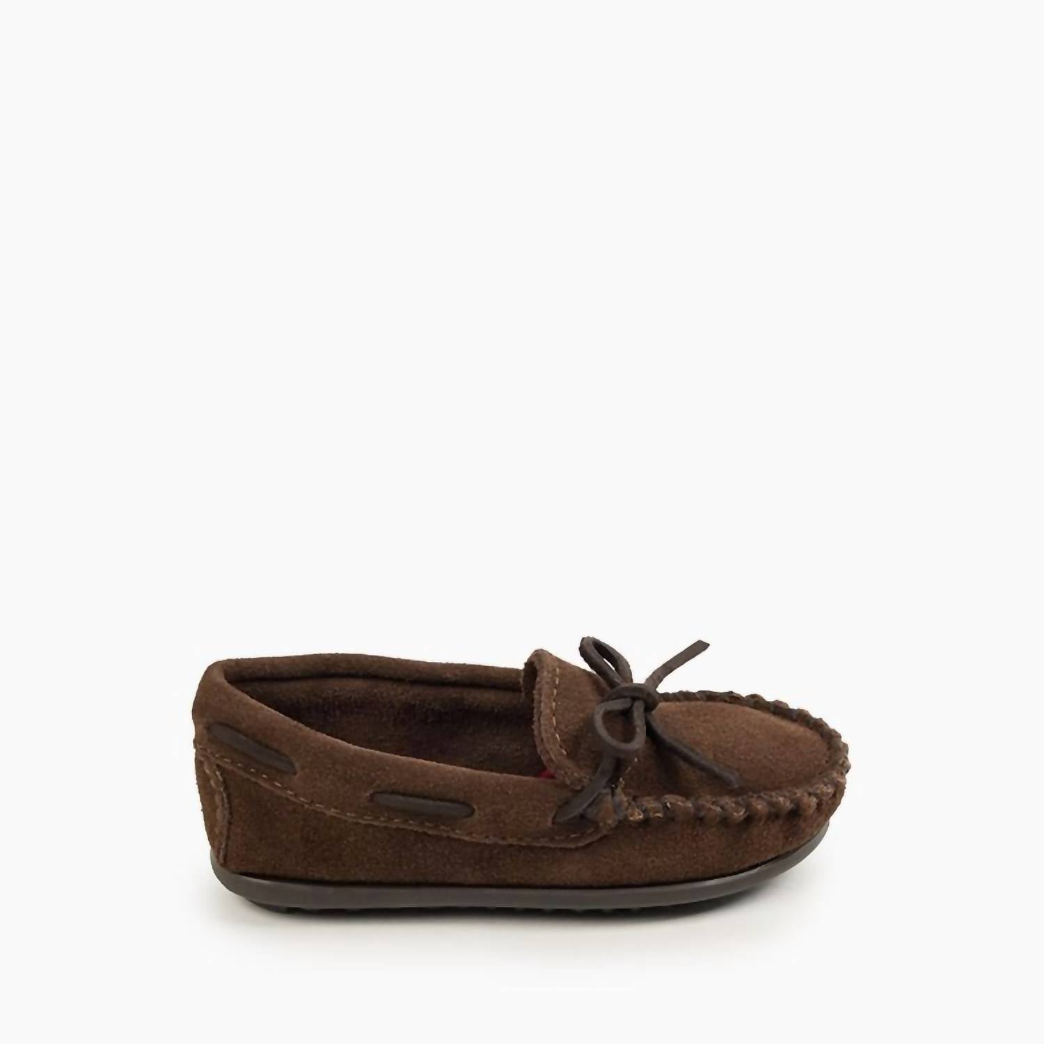 MINNETONKA Boy's Sporty Moccasin Shoes in chocolate - kids' shoe - detail view