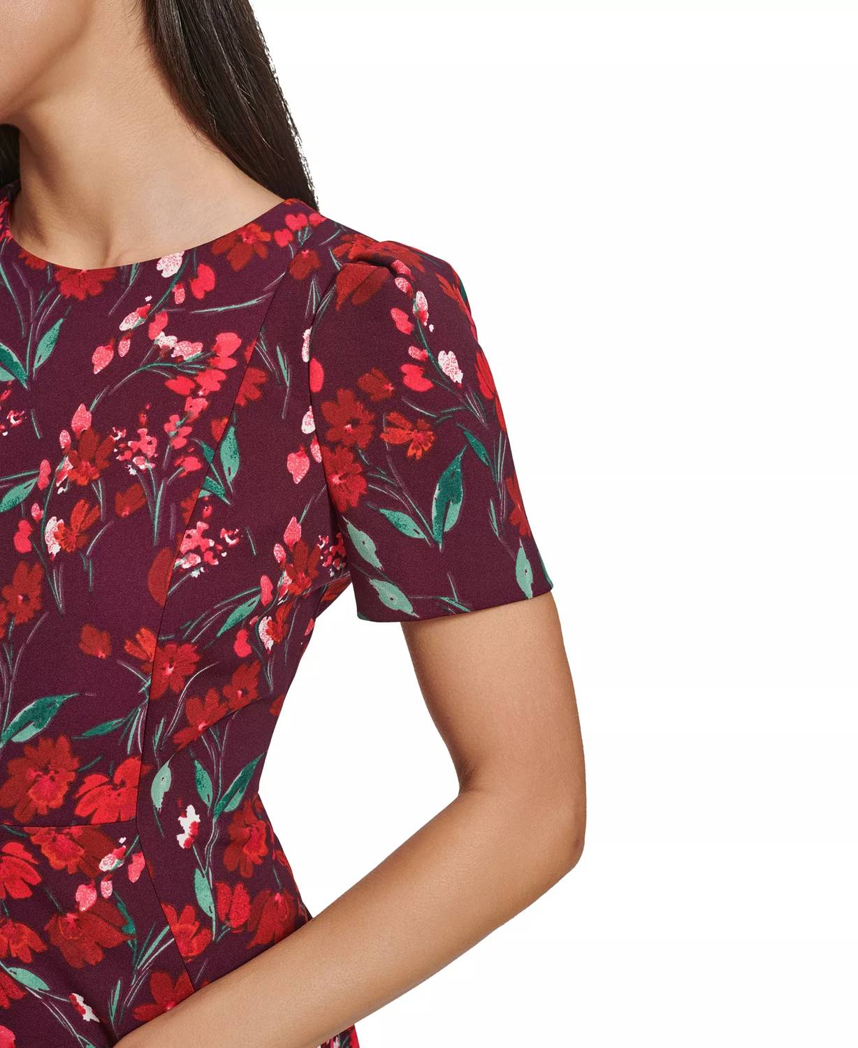 CALVIN KLEIN Floral Short-sleeve Sheath Dress in burgundy - women's dress - view 4