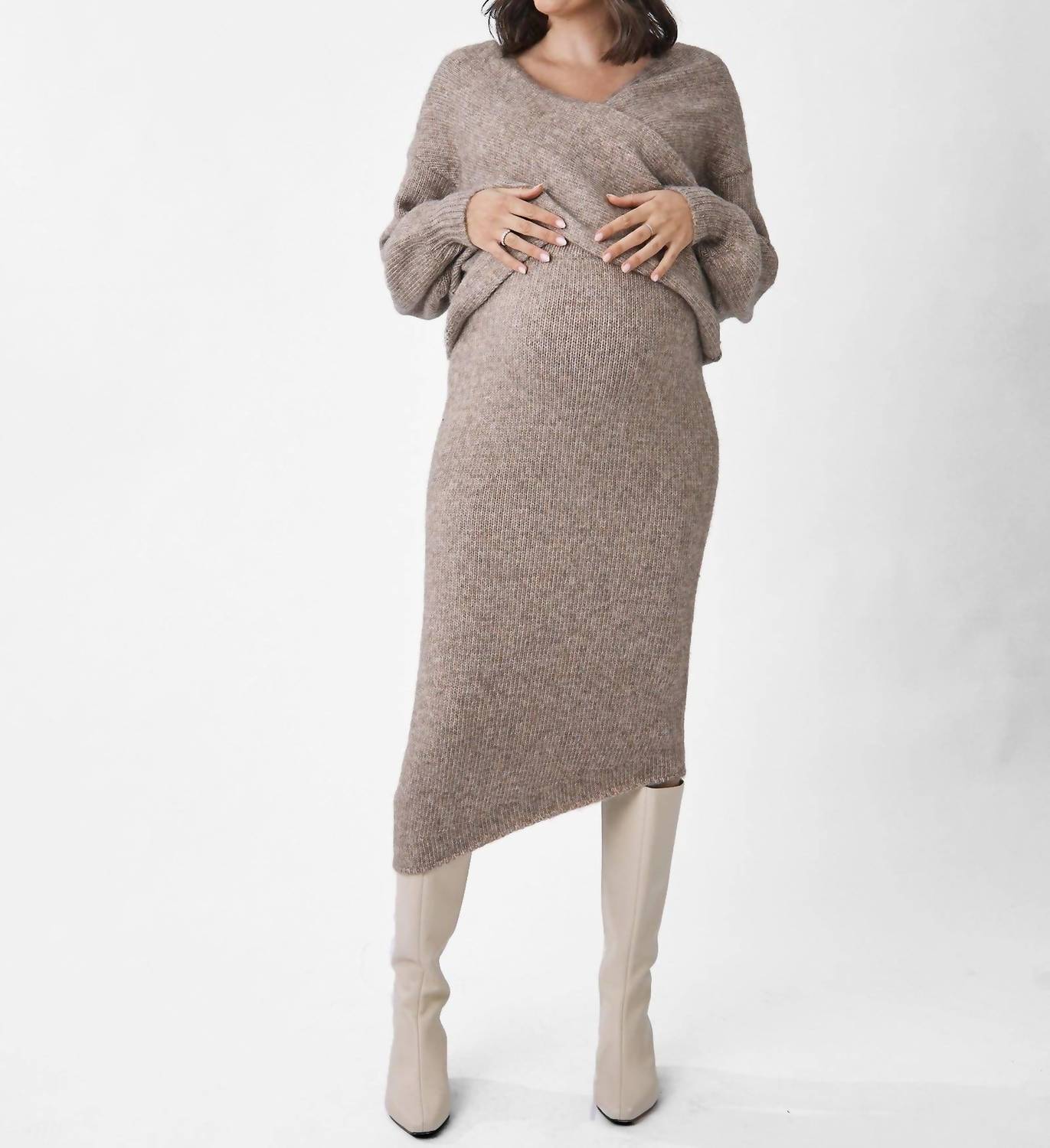 Angel Maternity Maternity Crossover Knit Top in taupe - women's blouse