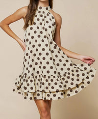 Lalavon - Polka Dot Mock Neck Ruffled Layered Hem Shift Dress