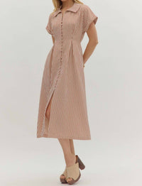 entro Button Front Stripe Dress in beige - women's dress - detail view