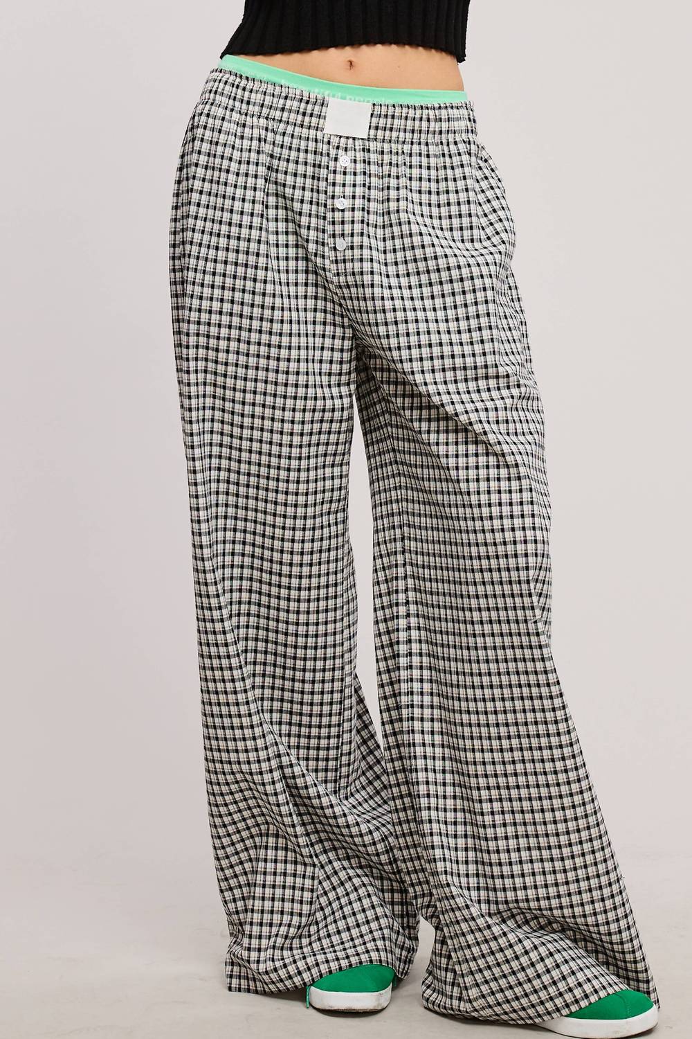 Mimosa Mid Rise Elasticized Waistband Gingham Pattern Pants in black - women's pants