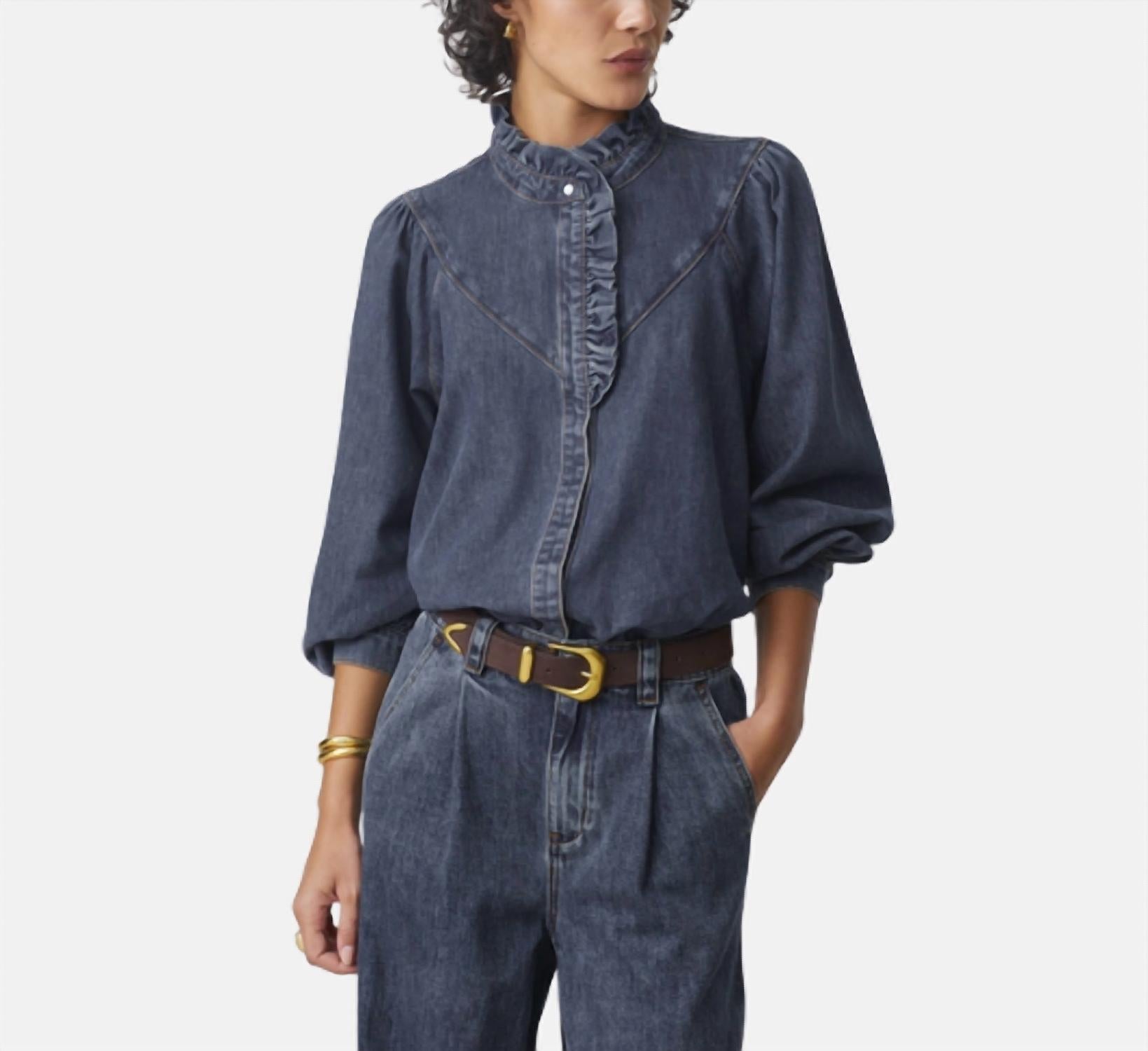 Suncoo Lively Ruffle Top in dark denim - women's blouse - detail view