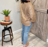 And The Why - Metallic Rose Gold Taupe Leopard Print Balloon Sleeve Sweater