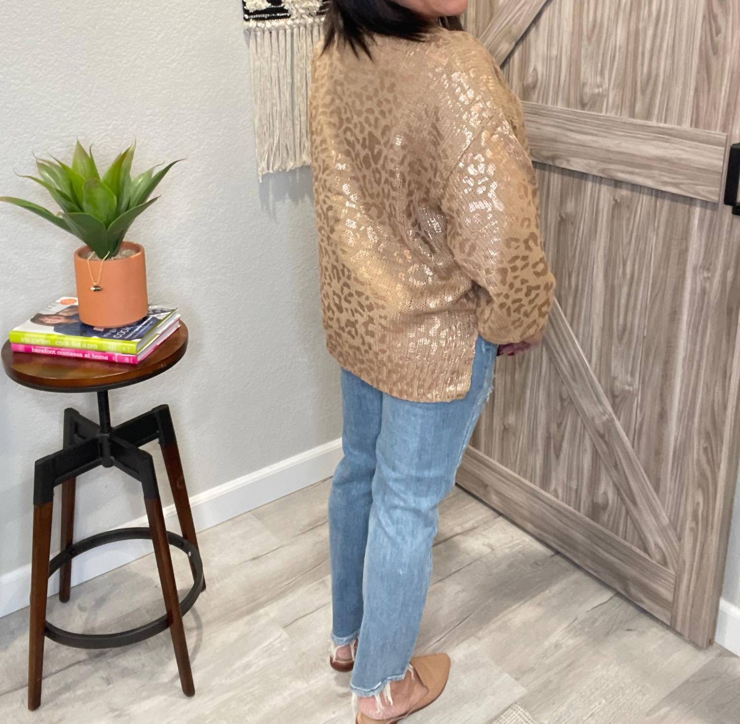 And The Why - Metallic Rose Gold Taupe Leopard Print Balloon Sleeve Sweater