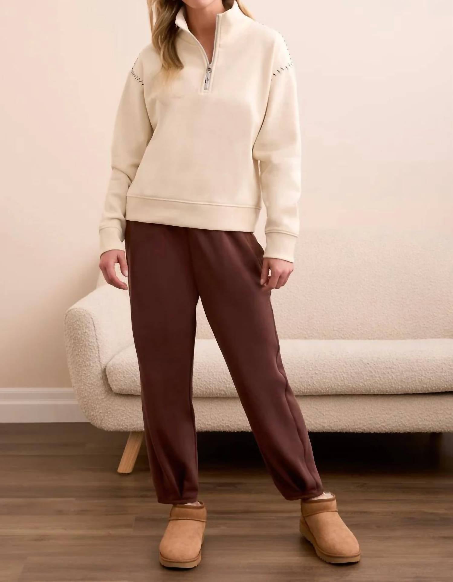 Tribal - Farren French Terry Stitch-accent Zip Funnel Neck Sweater