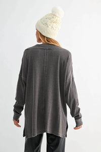 Mono B - Waffle Knit Collared Long Sleeve Sweatshirt