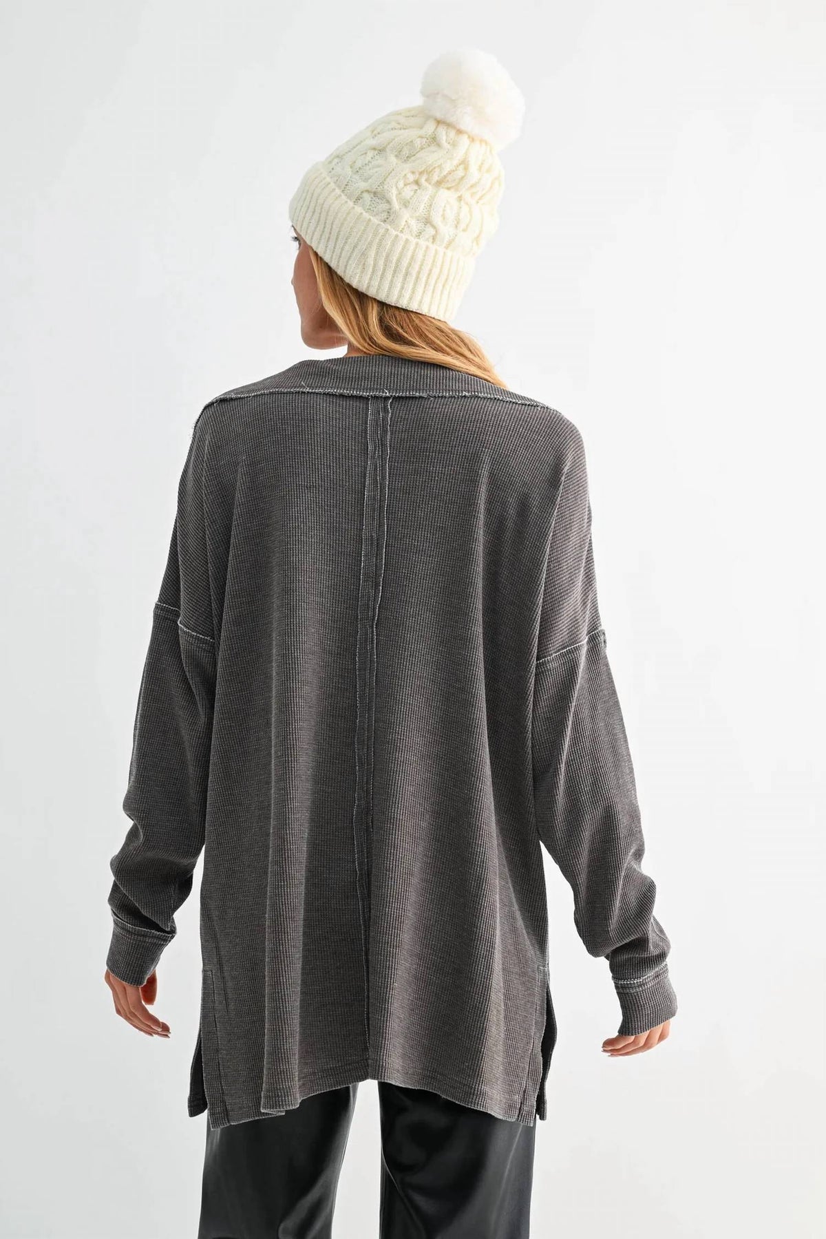 Mono B - Waffle Knit Collared Long Sleeve Sweatshirt