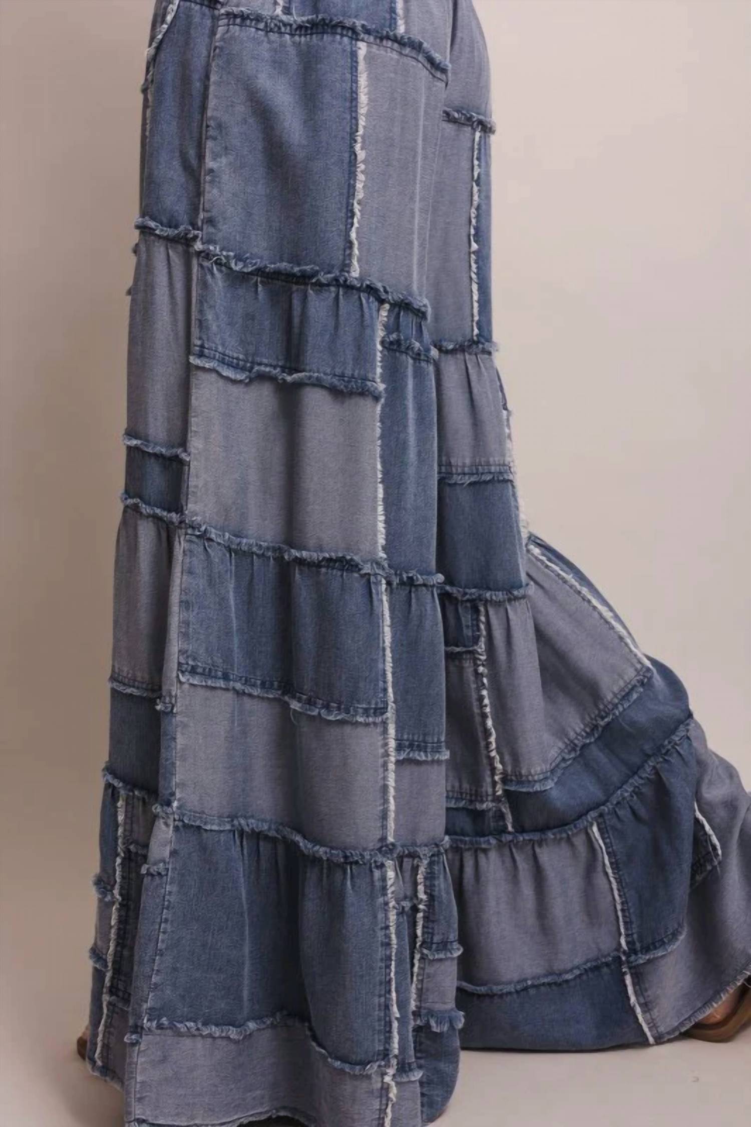 Blue Velvet - Wide Leg Patchwork Chambray Tiered Pants