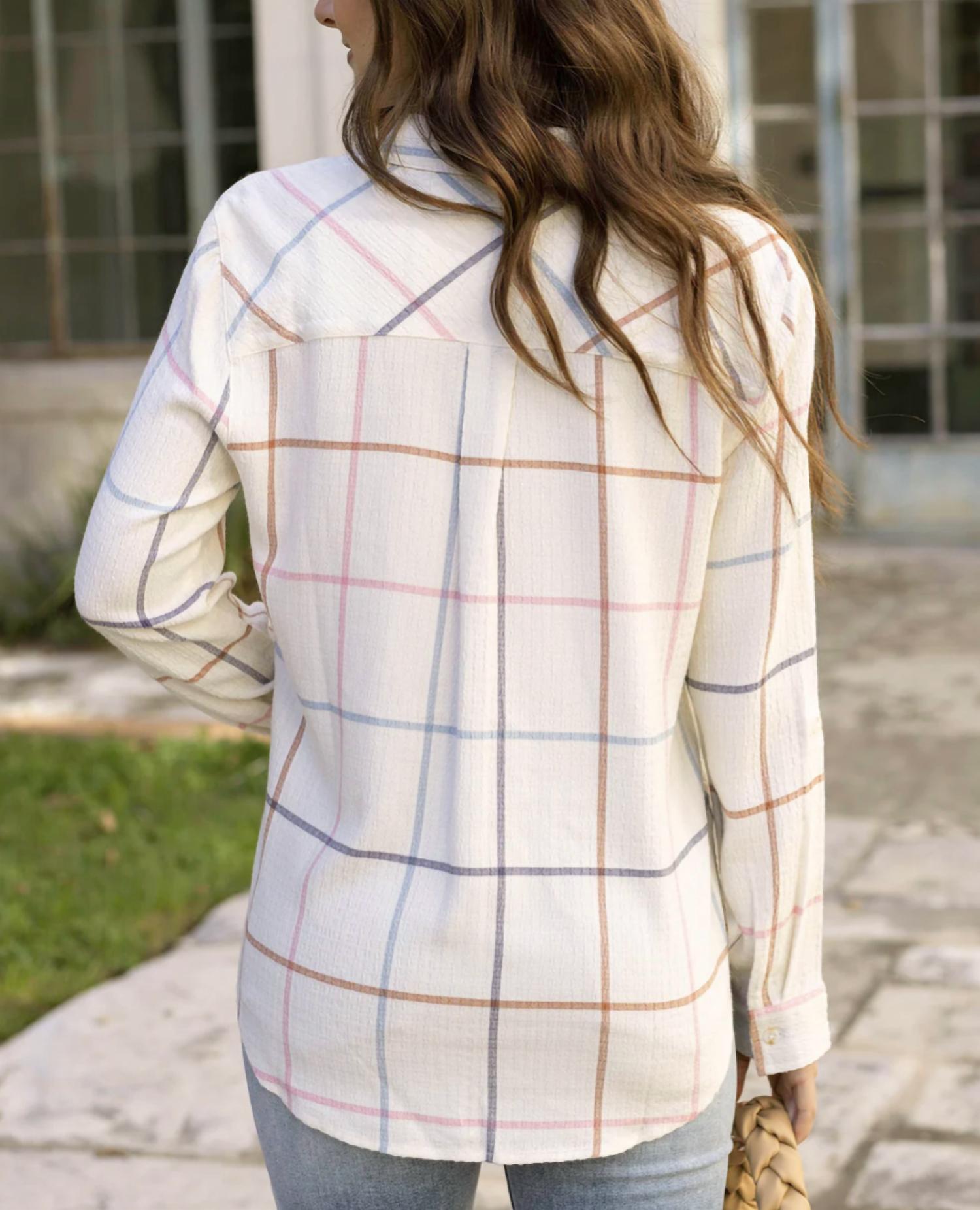 Grace and Lace Windowpane Button Up Top in multi - women's blouse - detail view