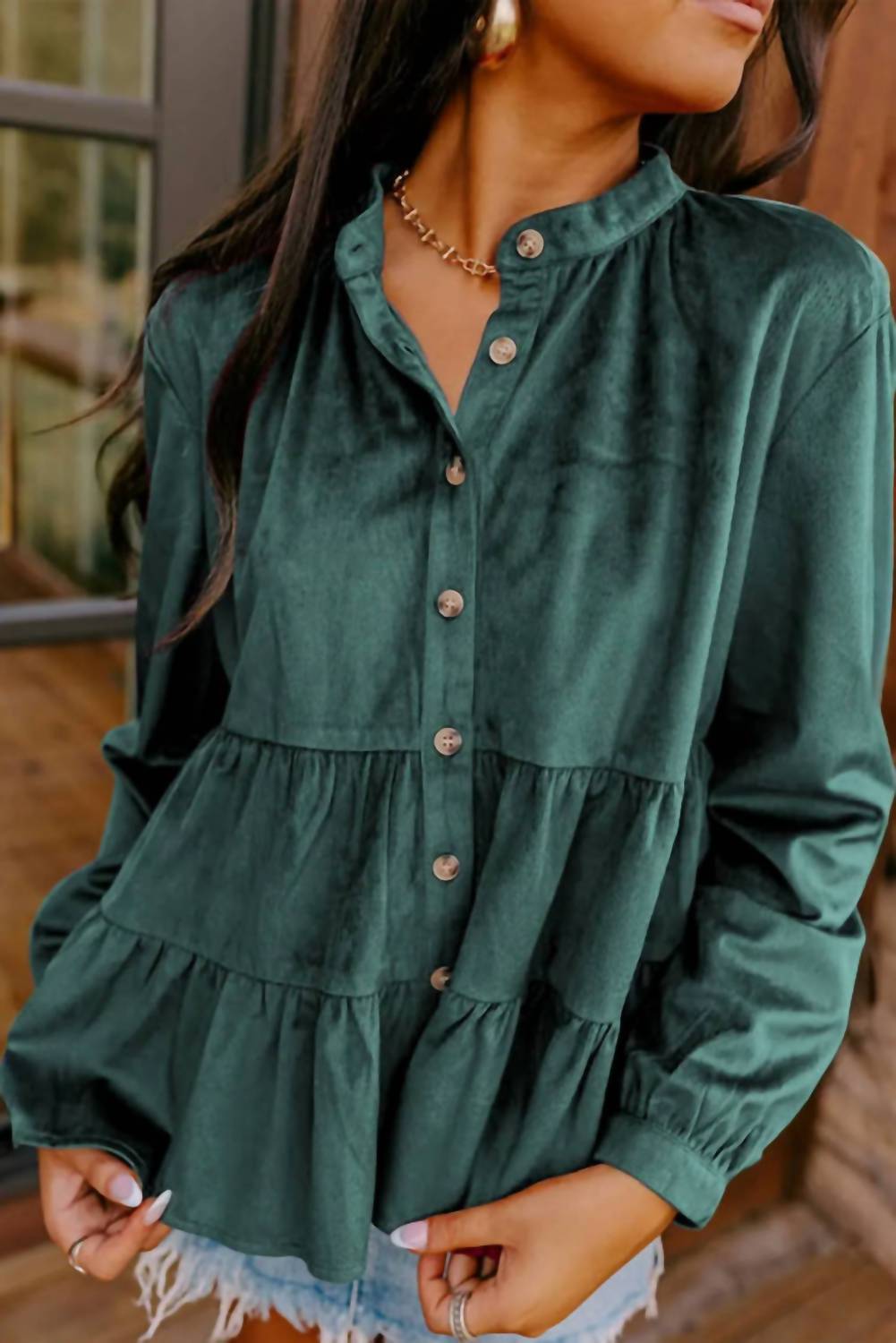Shop Lala Loo - Corduroy Ruffled Tiered Shirt