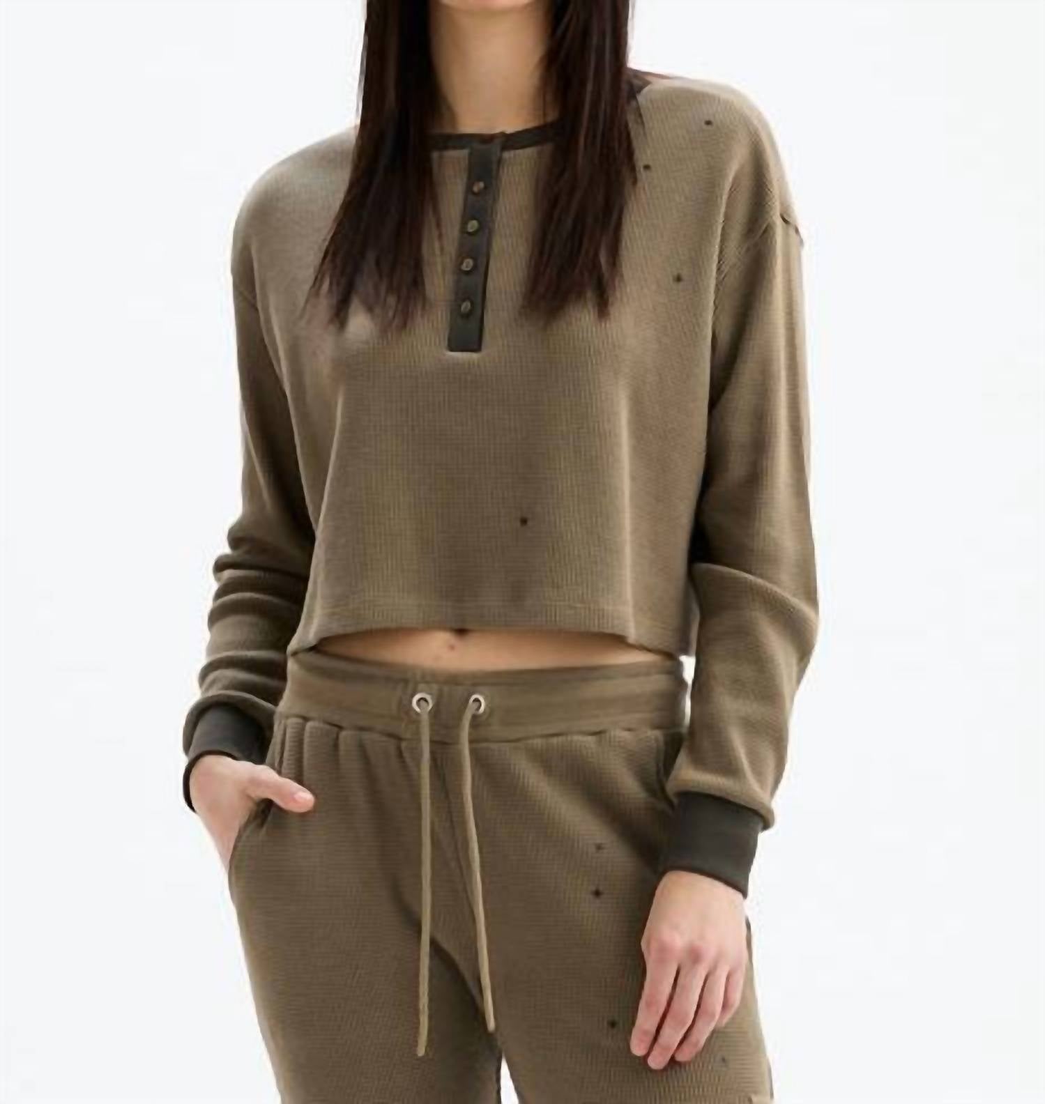 CHRLDR Juliette Stars Oversized Crop Henley Long Sleeve Top in olive - women's long sleeve top