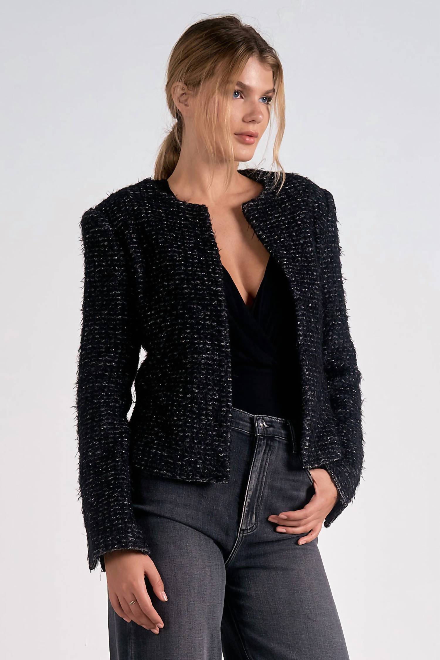 ELAN Structured Long Sleeve Jacket in black silver - women's jacket - alternate view