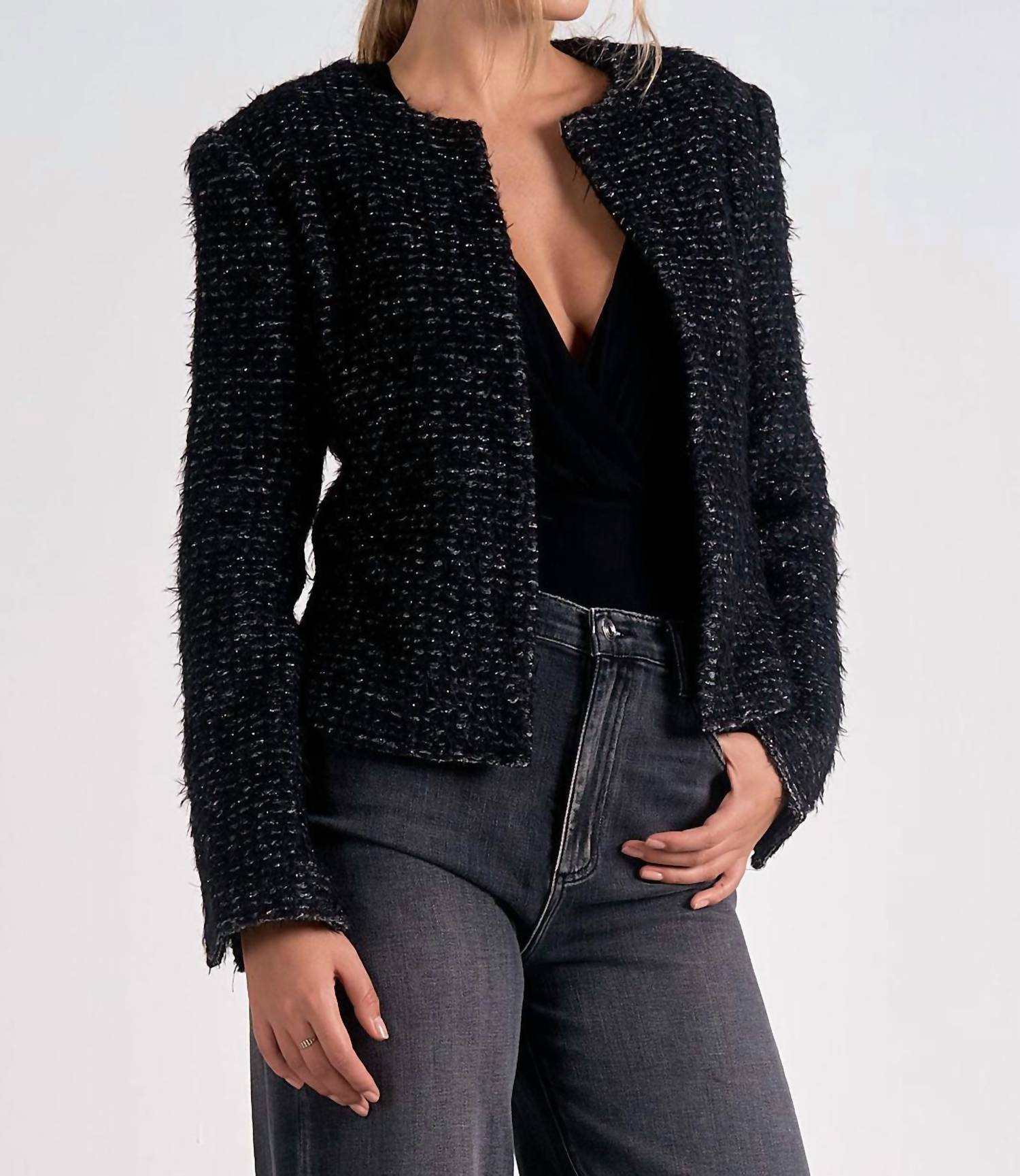 ELAN Structured Long Sleeve Jacket in black silver - women's jacket - detail view