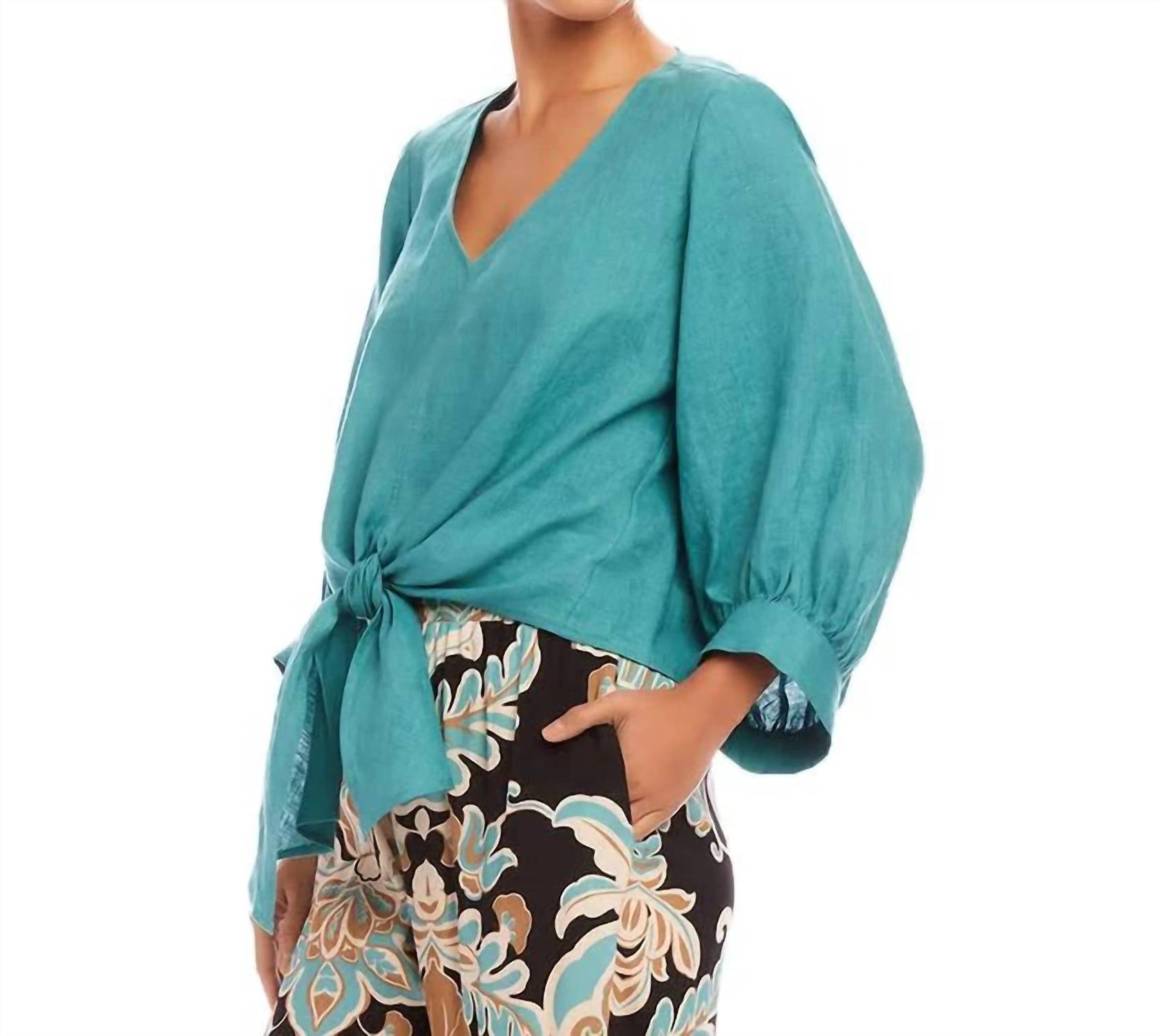 Karen Kane Bobbi Blouson Sleeve Linen Tie-front Top in aqua - women's blouse - alternate view