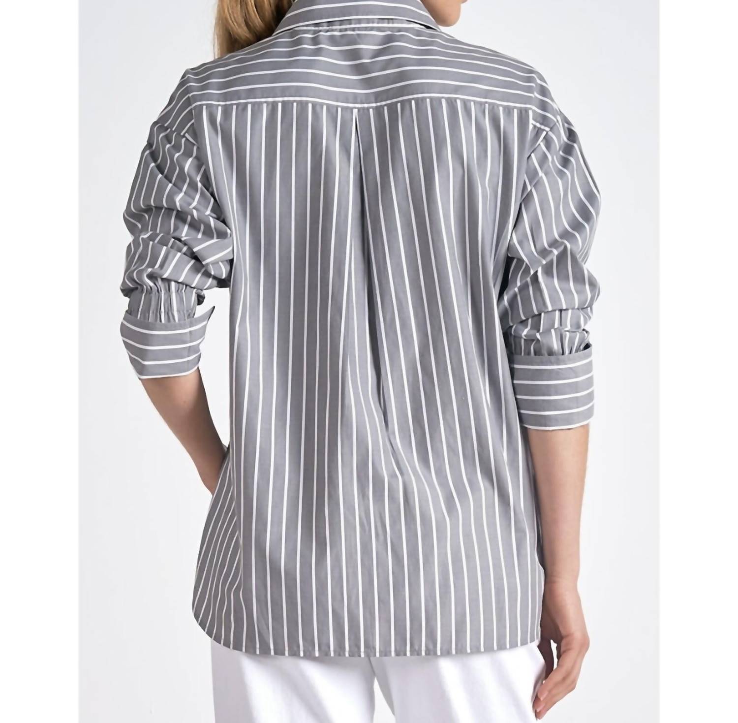 ELAN Long Sleeve Smock Shirt in grey white stripe - women's shirt - alternate view