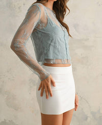 MIOU MUSE Long Sleeve Lace Fabric Top in light blue - women's long sleeve top - alternate view