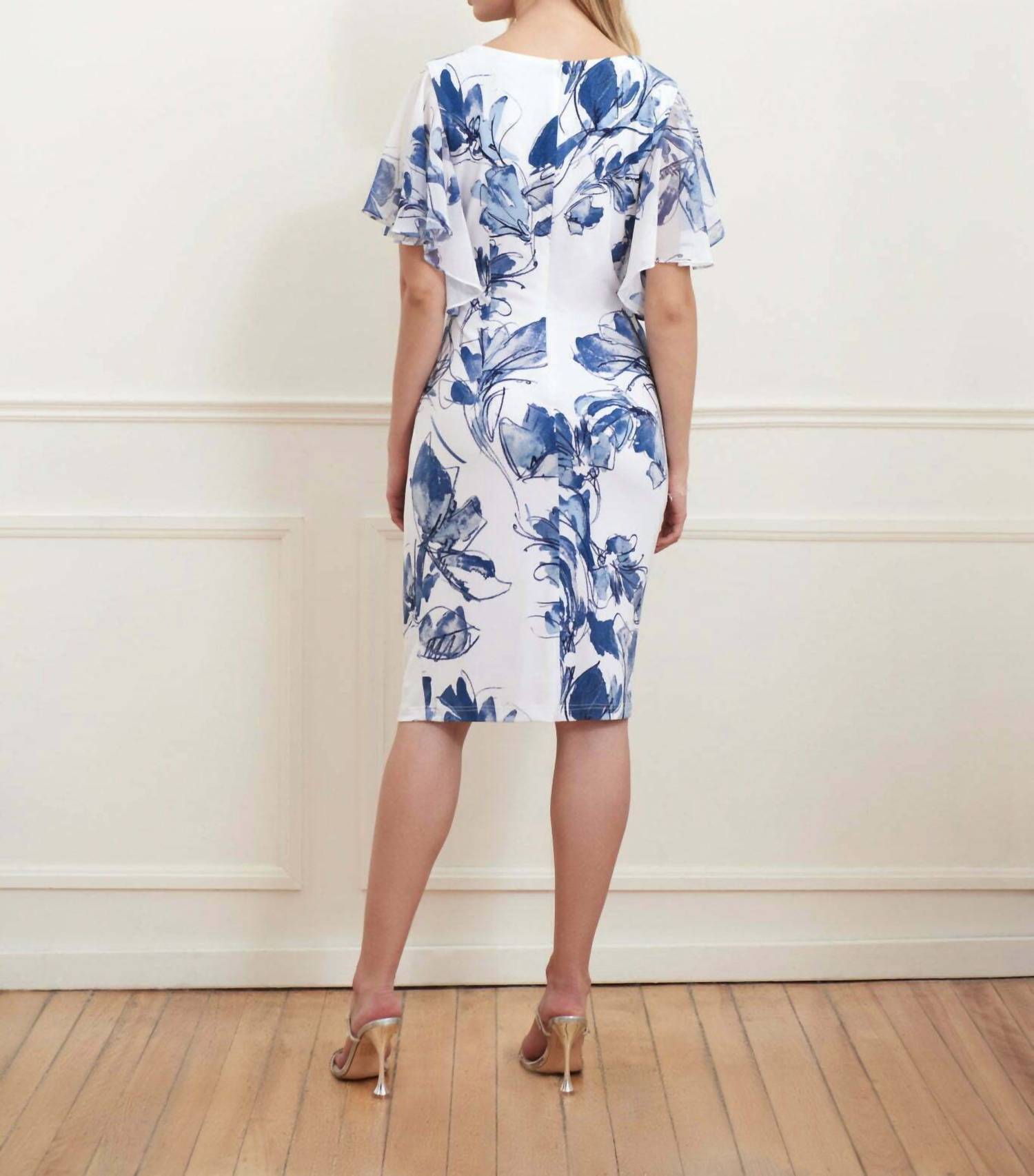 Joseph Ribkoff Floral Wrap Dress in blue multi - women's dress - detail view