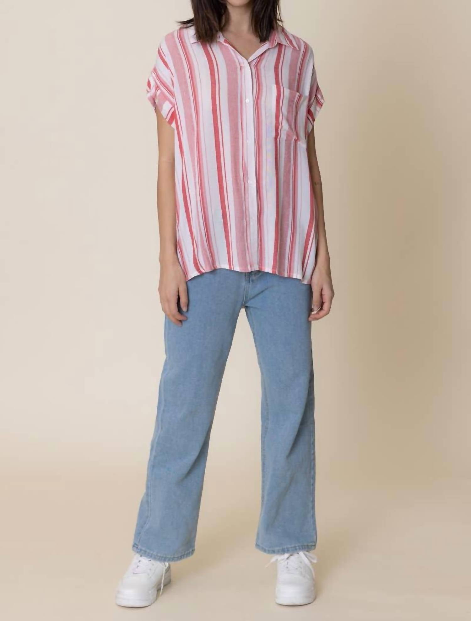 En Creme - Striped Short Sleeve Button Down Top
