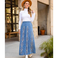 Young Threads - A-Line High Waist Hand Embroidery Denim Western Skirt