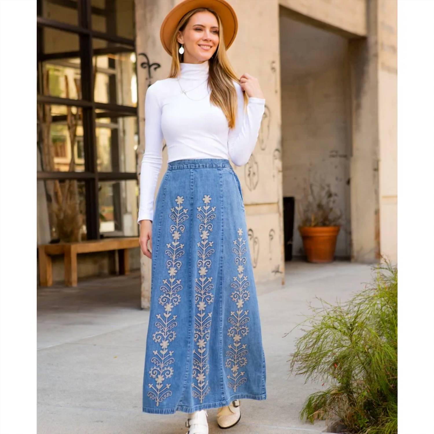 Young Threads - A-Line High Waist Hand Embroidery Denim Western Skirt