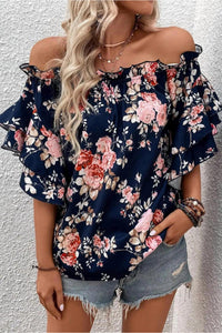 Shying Fashion - Ruffle Off Shoulder Flounce Sleeve Floral Blouse