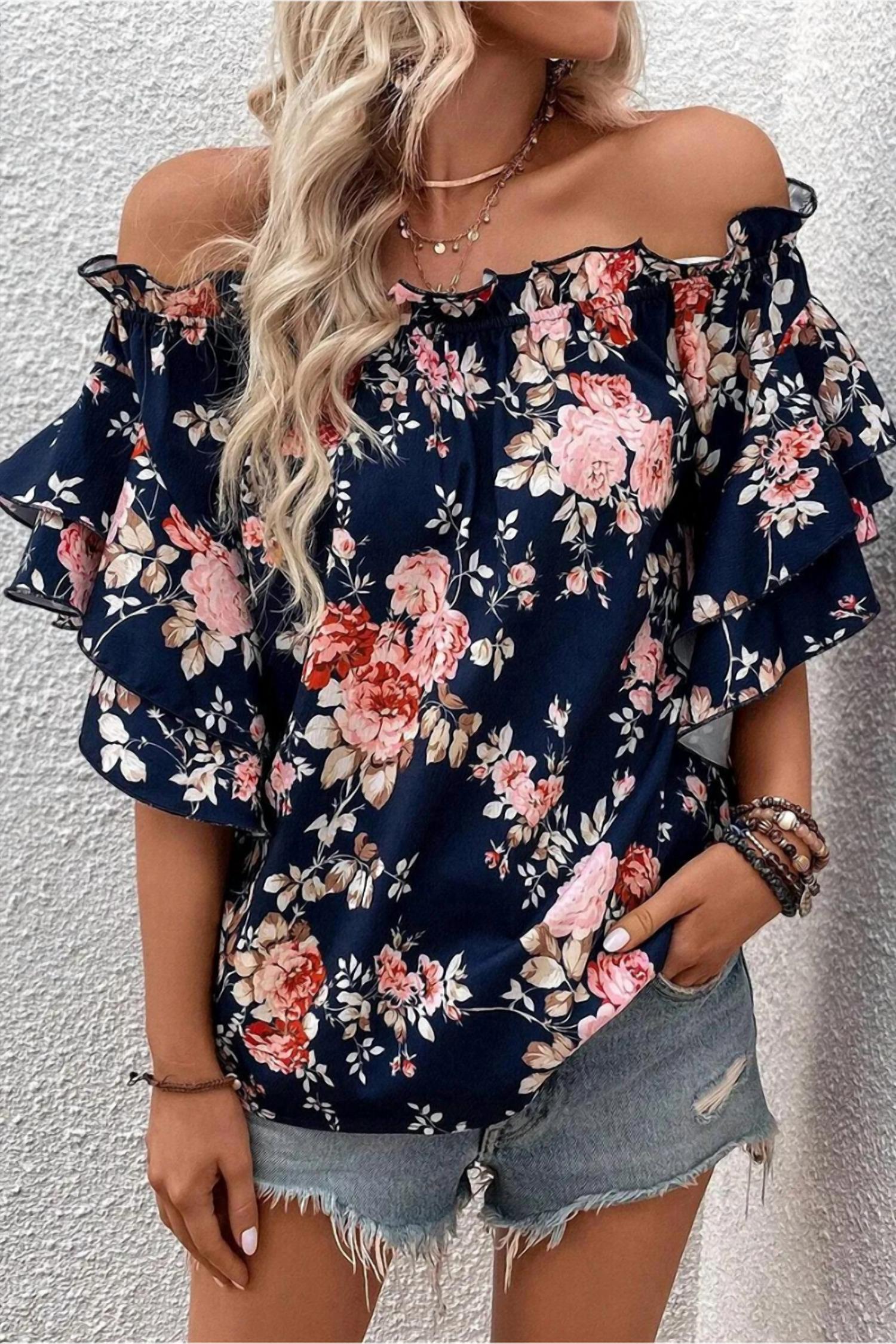 Shying Fashion - Ruffle Off Shoulder Flounce Sleeve Floral Blouse