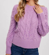 BluIvy Puff Sleeve Cable Pullover in lavender - women's sweater - detail view