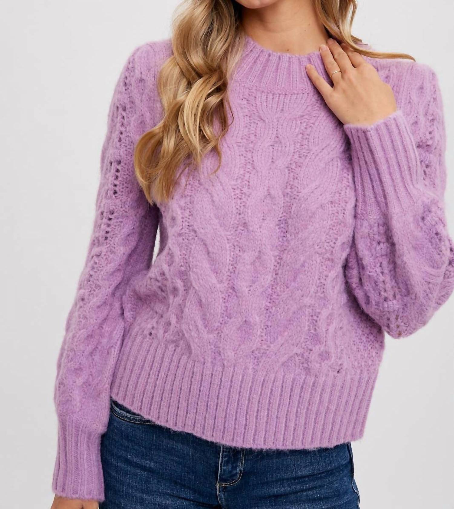 BluIvy Puff Sleeve Cable Pullover in lavender - women's sweater - detail view