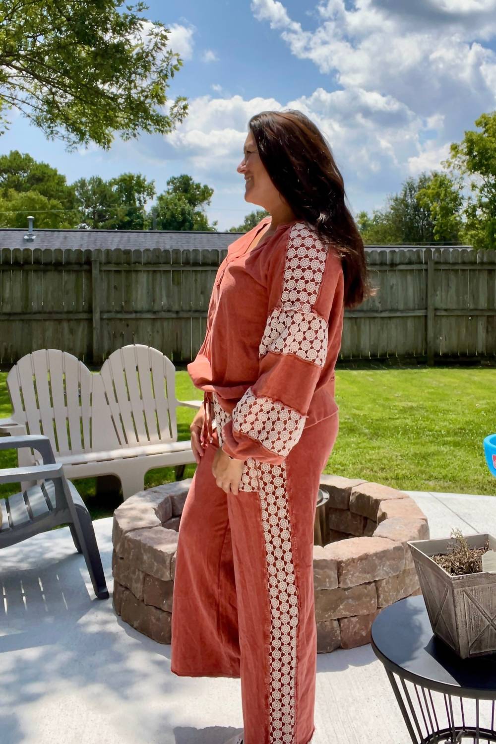 J.Her Kelsey Lace Pullover Set in rust - women's sleepwear - detail view