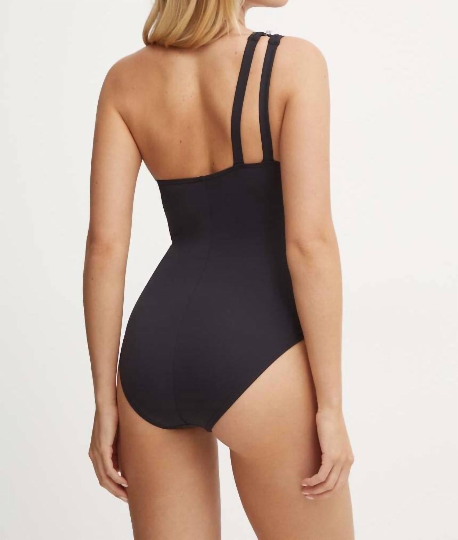 MICHAEL KORS Zip Front One Shoulder One Piece Swimsuit in black - women's swimwear - detail view
