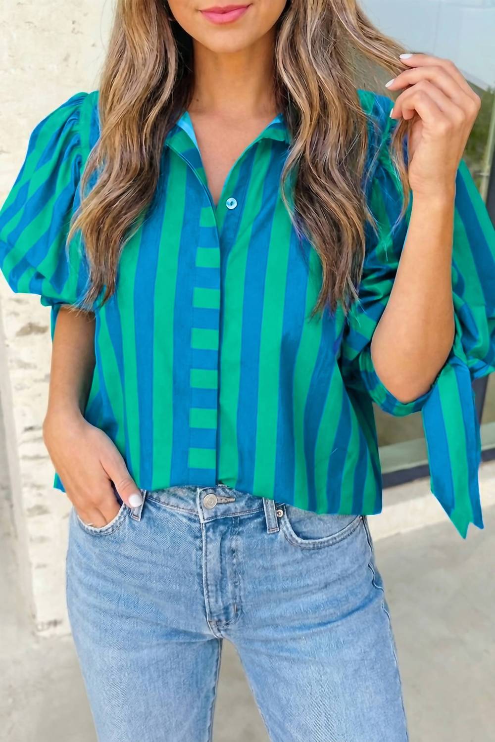 Aapparella - Stripe Tie Sleeve Button Down Shirt