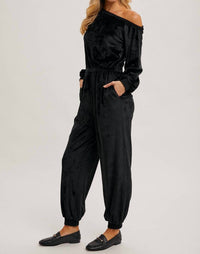 Bluivy - Velvet One Shoulder Boat Neck Jumpsuit