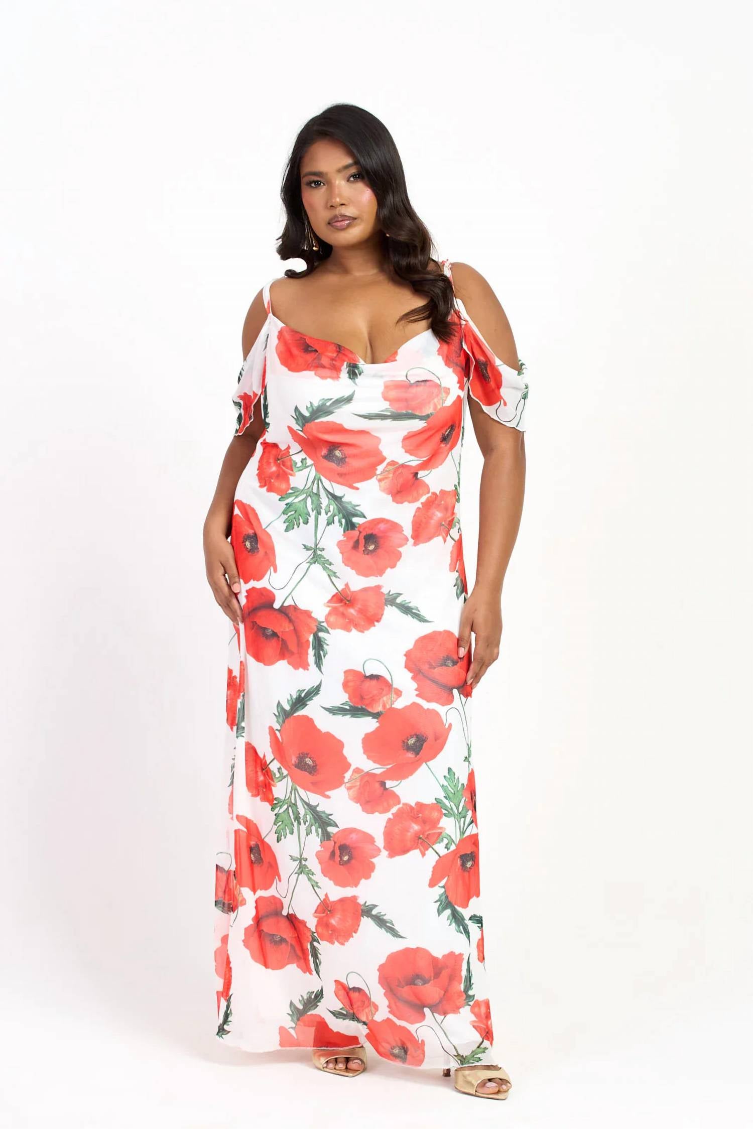Fashion Szn Curve - Cold Shoulder Poppy Print Strappy Dress - Plus